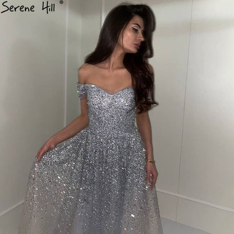 Robe de soirée trapèze luxueuse grise, tenue sexy à perles et paillettes, idéale pour une soirée de mariage, modèle 2025, LA70802 