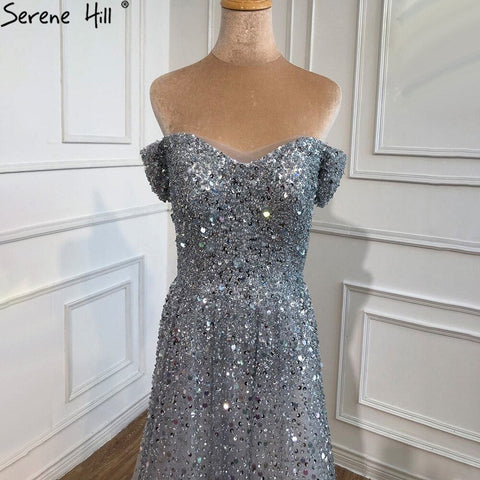 Robe de soirée trapèze luxueuse grise, tenue sexy à perles et paillettes, idéale pour une soirée de mariage, modèle 2025, LA71188 