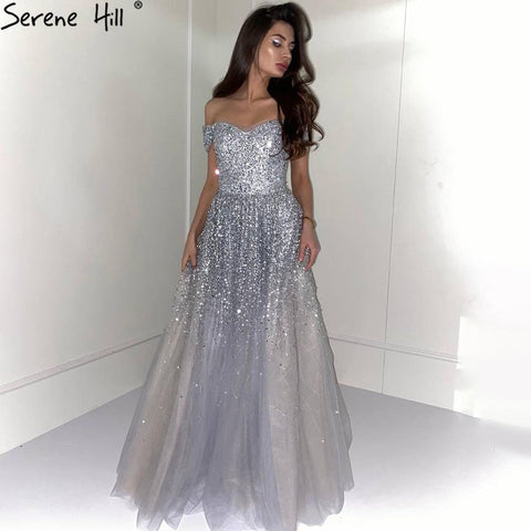 Robe de soirée trapèze luxueuse grise, tenue sexy à perles et paillettes, idéale pour une soirée de mariage, modèle 2025, LA70802 