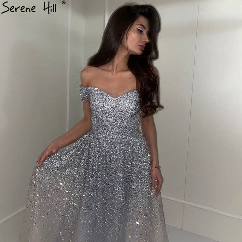 Robe de soirée trapèze luxueuse grise, tenue sexy à perles et paillettes, idéale pour une soirée de mariage, modèle 2025, LA71188 