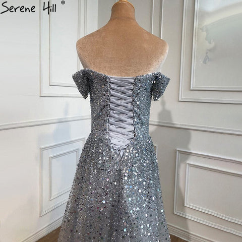 Robe de soirée trapèze luxueuse grise, tenue sexy à perles et paillettes, idéale pour une soirée de mariage, modèle 2025, LA71188 