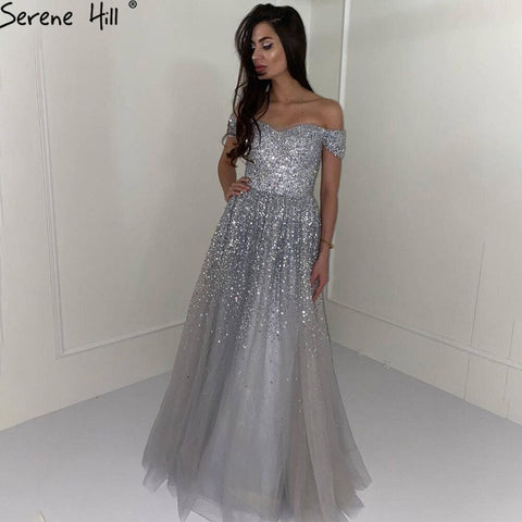 Robe de soirée trapèze luxueuse grise, tenue sexy à perles et paillettes, idéale pour une soirée de mariage, modèle 2025, LA71188 