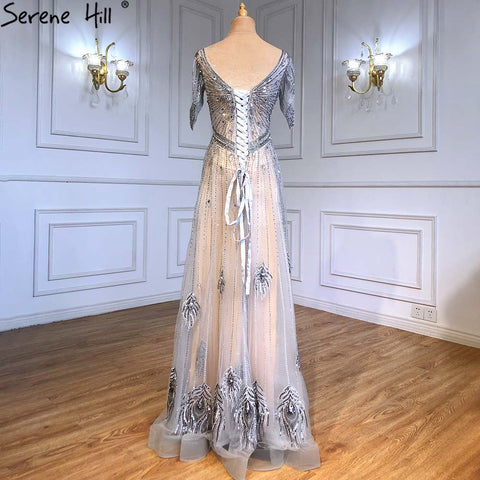 Grey Luxury A-Line Evening Dresses Gowns 2025 Short Sleeves Beaded Lace Up For Women Party LA71379