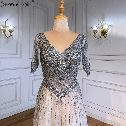 Grey Luxury A-Line Evening Dresses Gowns 2025 Short Sleeves Beaded Lace Up For Women Party LA71379