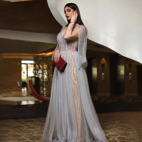 Grey Luxury A-Line Sexy Evening Dresses Gowns Diamond Beaded Elegant 2025 For Women Party LA70788