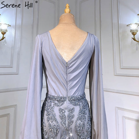 Robe de soirée sirène grise de luxe, élégante, manches lanternes perlées, pour femme, LA71484 