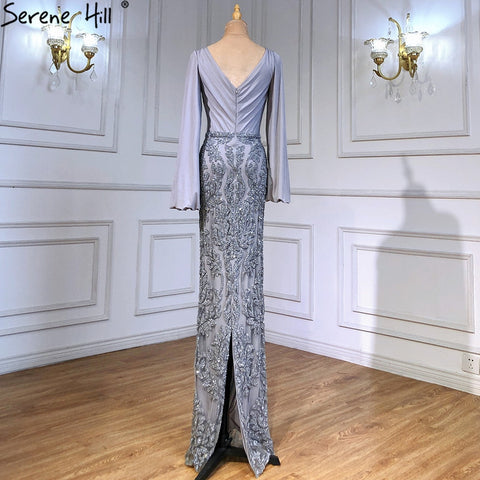 Robe de soirée sirène grise de luxe, élégante, manches lanternes perlées, pour femme, LA71484 