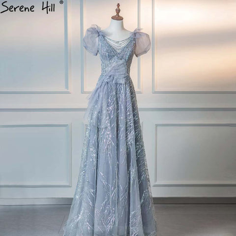 Robe de soirée grise luxueuse à manches bouffantes, coupe trapèze et perles, pour femme, modèle LA71474, 2025 