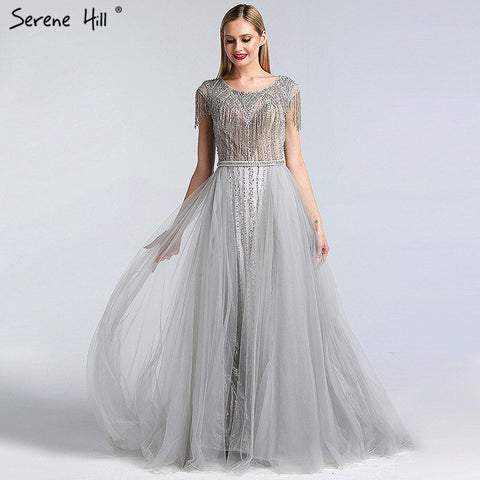 Grey Luxury With Train Evening Dresses Gowns 2025 Beading Tassel Cap Sleeve For Woman Party LA60874