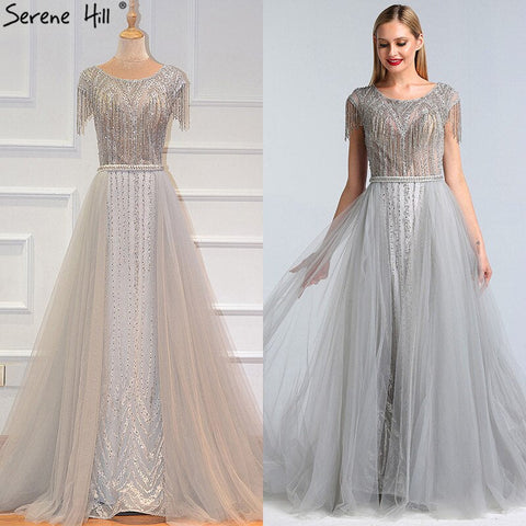 Grey Luxury With Train Evening Dresses Gowns 2025 Beading Tassel Cap Sleeve For Woman Party LA60874