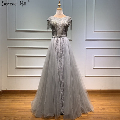 Grey Luxury With Train Evening Dresses Gowns 2025 Beading Tassel Cap Sleeve For Woman Party LA60874
