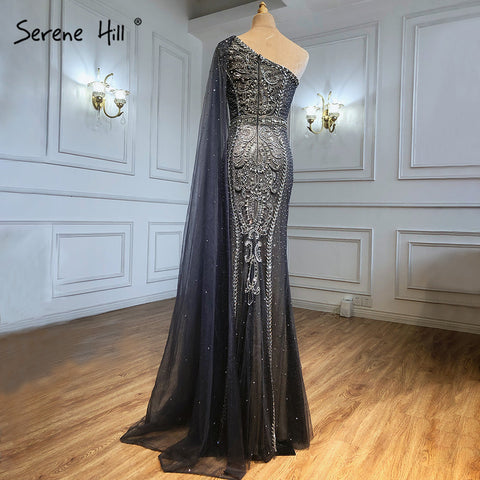 Grey Mermaid Elegant Cape Sleeves Evening Dresses Gowns One Shoulder Luxury Beaded 2025 For Women Party LA71270