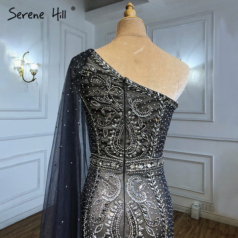 Grey Mermaid Elegant Cape Sleeves Evening Dresses Gowns One Shoulder Luxury Beaded 2025 For Women Party LA71270