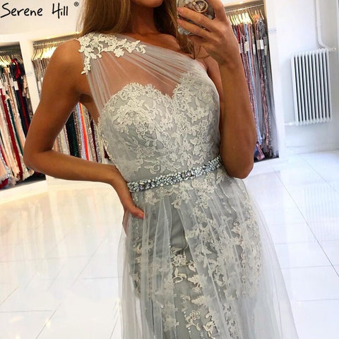 Sale Grey Mermaid Elegant Evening Dresses Gowns 2025 One Shoulder Lace Sexy Pearls For Women Party LA70635