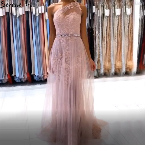 Sale Grey Mermaid Elegant Evening Dresses Gowns 2025 One Shoulder Lace Sexy Pearls For Women Party LA70635