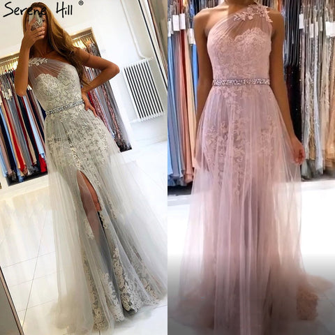 Sale Grey Mermaid Elegant Evening Dresses Gowns 2025 One Shoulder Lace Sexy Pearls For Women Party LA70635