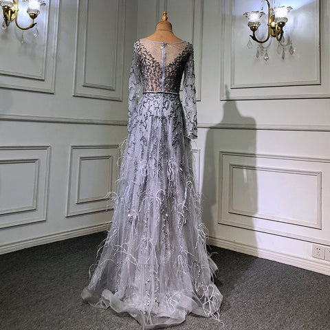 Grey Mermaid Elegant Evening Dresses Gowns 2025 Long Sleeves Luxury Feather Beading For Women Party LA70968