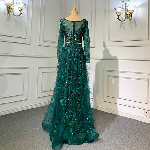 Grey Mermaid Elegant Evening Dresses Gowns 2025 Long Sleeves Luxury Feather Beading For Women Party LA70968