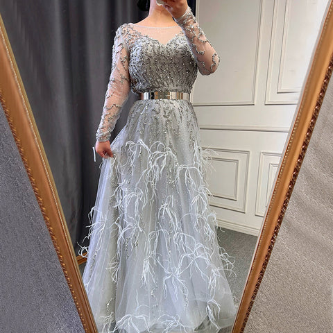 Grey Mermaid Elegant Evening Dresses Gowns 2025 Long Sleeves Luxury Feather Beading For Women Party LA70968