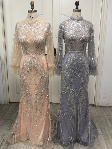 Vestidos de noche elegantes de sirena gris con cuello alto, mangas largas y bordados de lujo para mujer, estilo sirena, colección 2025/2025, modelo LA71609 