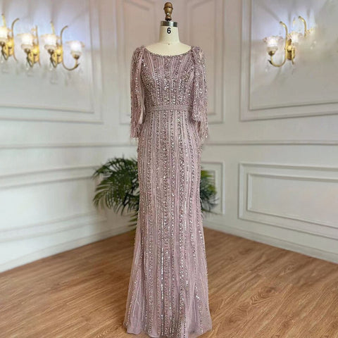 Sale Grey Mermaid Long Sleeves Diamond Beaded Luxury Dubai Evening Dresses Gowns For Women Party 2025 LA70503