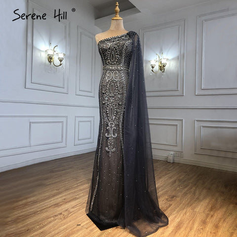 Grey Mermaid Luxury Evening Dresses Gowns 2025 Elegant One Shoulder Beaded For Women Party LA71270