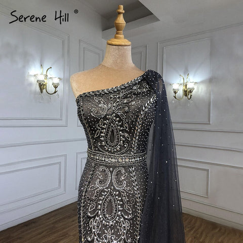Grey Mermaid Luxury Evening Dresses Gowns 2025 Elegant One Shoulder Beaded For Women Party LA71270