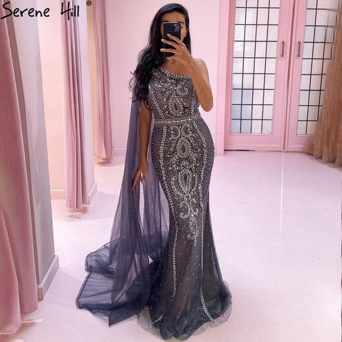 Grey Mermaid Luxury Evening Dresses Gowns 2025 Elegant One Shoulder Beaded For Women Party LA71270
