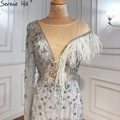 Grey Mermaid Luxury Evening Dresses Gowns 2025 Feather Beaded Elegant For Women Party LA71174