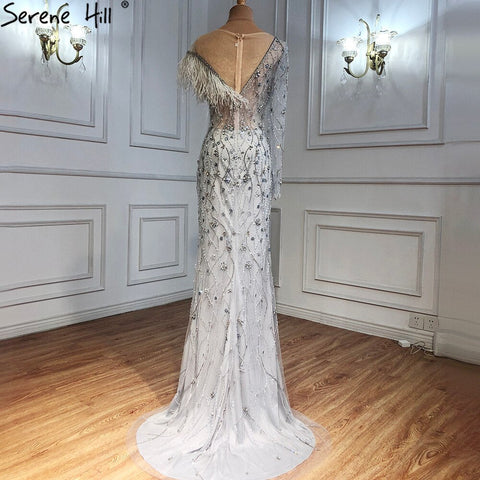 Grey Mermaid Luxury Evening Dresses Gowns 2025 Feather Beaded Elegant For Women Party LA71174