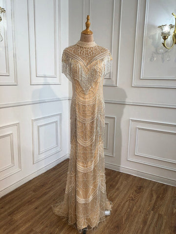 Grey Mermaid Luxury Evening Dresses Gowns Cap Sleeves Beading Tassel Sexy For Women Party 2025 LA70529