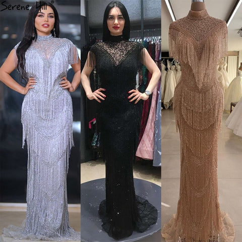 Grey Mermaid Luxury Evening Dresses Gowns Cap Sleeves Beading Tassel Sexy For Women Party 2025 LA70529