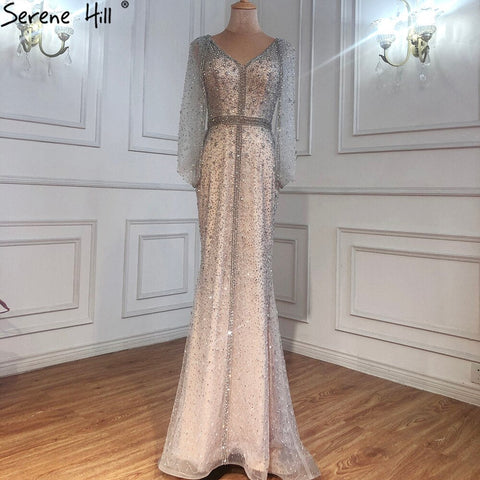 Grey Mermaid Luxury Sparkle Evening Dresses Gowns Elegant Beading Crystal Sexy For Women Party LA70847