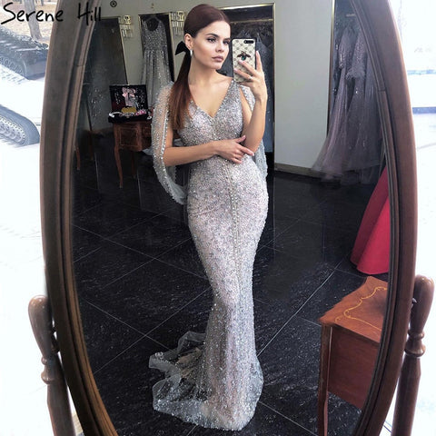 Grey Mermaid Luxury Sparkle Evening Dresses Gowns Elegant Beading Crystal Sexy For Women Party LA70847