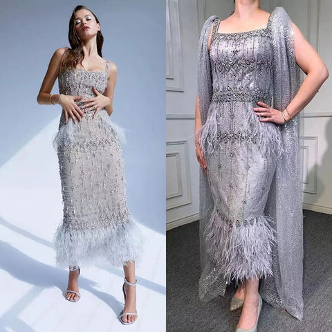 Grey Mermaid Midi Length Evening Dresses Gowns Beaded Sexy Feather Rear Leg Split 2025 For Women Party LA71669