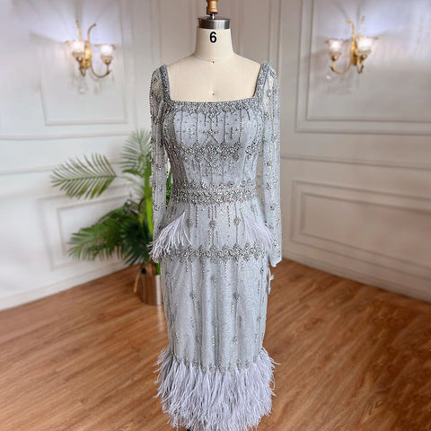 Grey Mermaid Midi Length Evening Dresses Gowns Beaded Sexy Feather Rear Leg Split 2025 For Women Party LA71669