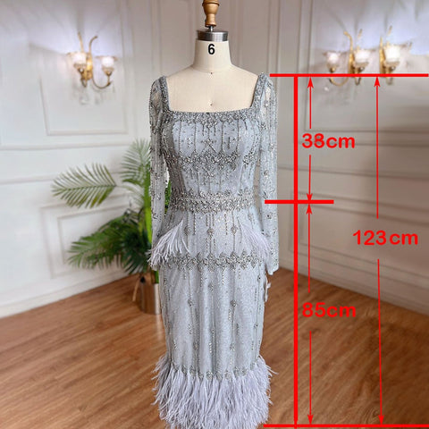 Grey Mermaid Midi Length Evening Dresses Gowns Beaded Sexy Feather Rear Leg Split 2025 For Women Party LA71669