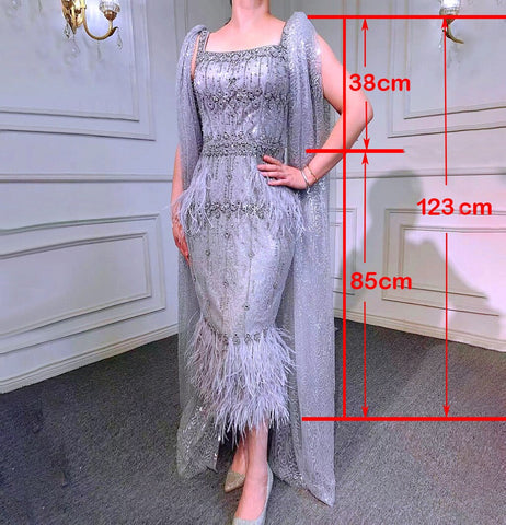 Grey Mermaid Midi Length Evening Dresses Gowns Beaded Sexy Feather Rear Leg Split 2025 For Women Party LA71669