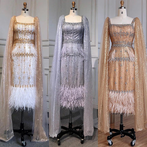 Grey Mermaid Midi Length Evening Dresses Gowns Beaded Sexy Feather Rear Leg Split 2025 For Women Party LA71669