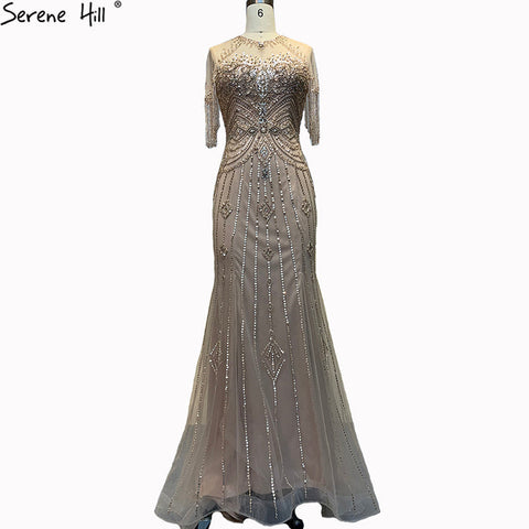 Grey Mermaid O-Neck Short Sleeves Elegant Beaded Luxury Tassel Dubai Evening Dresses Gowns For Women Party 2025 LA70646