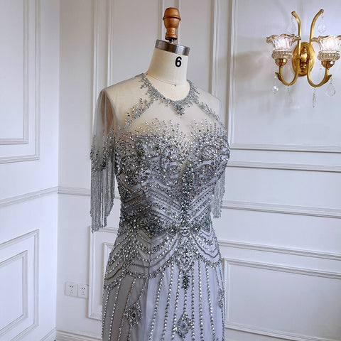 Grey Mermaid O-Neck Short Sleeves Elegant Beaded Luxury Tassel Dubai Evening Dresses Gowns For Women Party 2025 LA70646