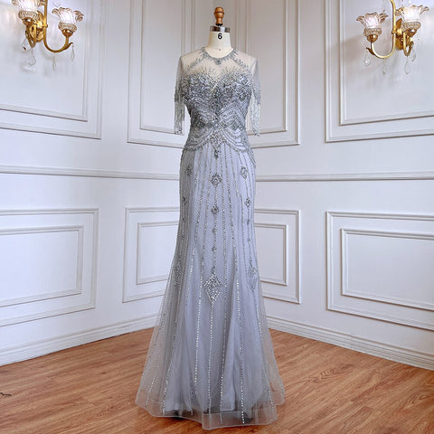 Grey Mermaid O-Neck Short Sleeves Elegant Beaded Luxury Tassel Dubai Evening Dresses Gowns For Women Party 2025 LA70646