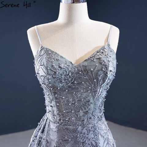 Grey Mermaid Sexy Evening Dresses 2025 Handmade Flowers Beading Sleeveless Formal Dress HM67181