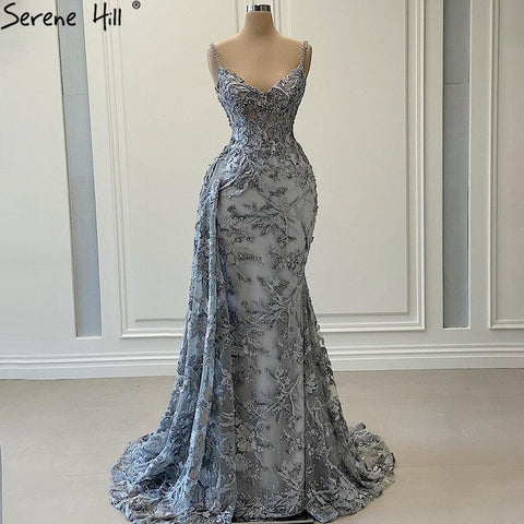 Grey Mermaid Sexy Evening Dresses 2025 Handmade Flowers Beading Sleeveless Formal Dress HM67181