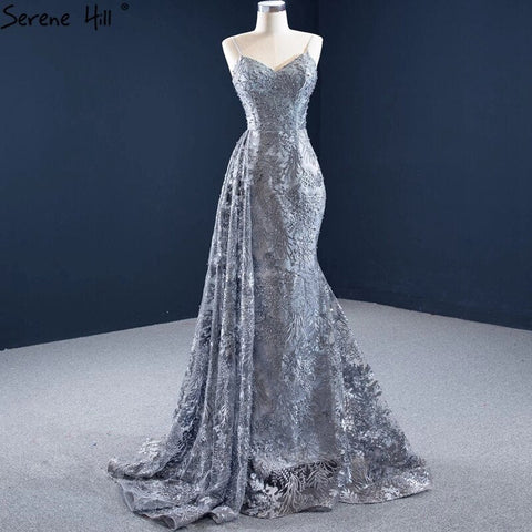 Grey Mermaid Sexy Evening Dresses 2025 Handmade Flowers Beading Sleeveless Formal Dress HM67181