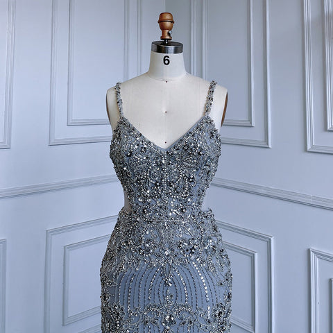 Robe de soirée sirène grise sexy à bretelles spaghetti, luxueuse, avec perles et plumes, pour femme, modèle LA71774, 2025 