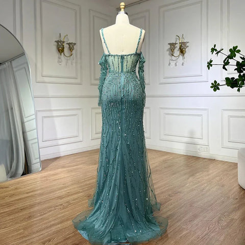Robe de soirée élégante grise à bretelles spaghetti et perles, style sirène, idéale pour un mariage, collection 2025, LA71650 