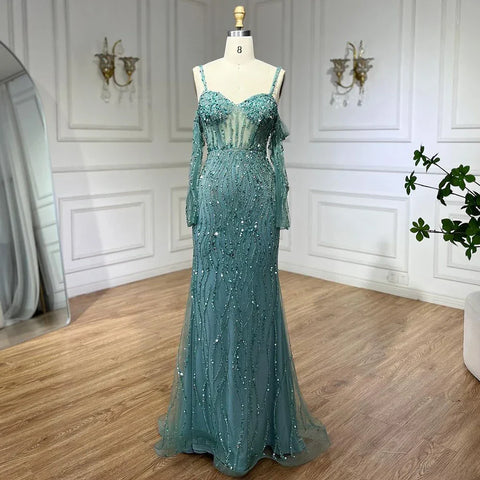 Robe de soirée élégante grise à bretelles spaghetti et perles, style sirène, idéale pour un mariage, collection 2025, LA71650 