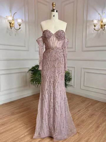 Robe de soirée élégante grise à bretelles spaghetti et perles, style sirène, idéale pour un mariage, collection 2025, LA71650 