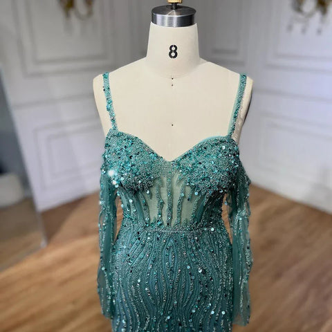 Robe de soirée élégante grise à bretelles spaghetti et perles, style sirène, idéale pour un mariage, collection 2025, LA71650 